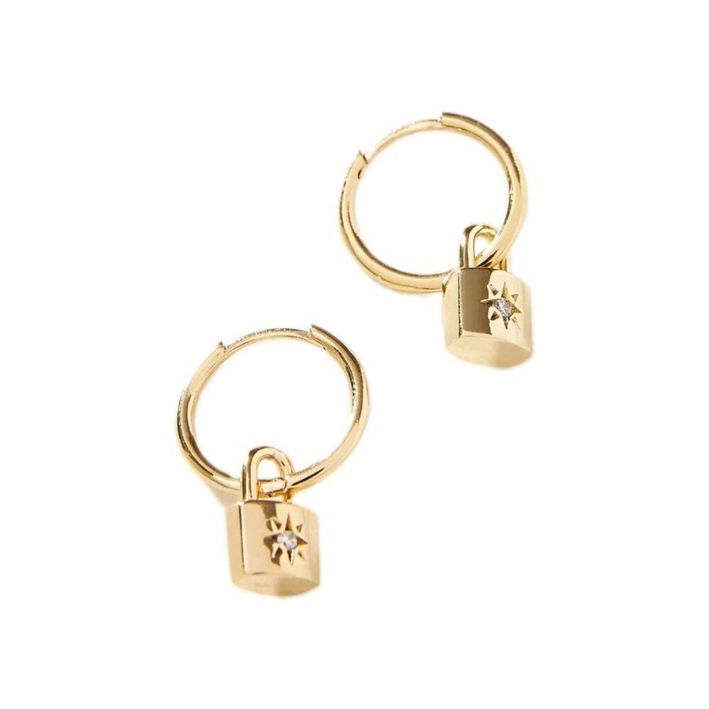 Anthropologie 14k Gold Plated & CZ Star Lock Huggie Hoop Earrings Pierced